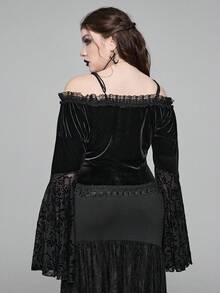 ROMWE EDITION Áo nhung tay dài hở vai phối ren Gothic họa tiết hoa cỡ lớn dành cho nữ, Áo cổ nhung họa tiết hoa phong cách Gothic cổ điển mùa thu/đông cỡ lớn, Áo nhung dự tiệc tối Gothic sang trọng thanh lịch cỡ lớn - màu đen - Xem 3
