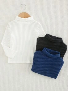 SHEIN 3 件装年轻男童针织高领纯色 T 恤，秋冬季休闲舒适高领儿童衣橱 - 彩色 - 查看 3