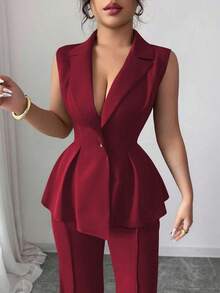 Elenzga 加大码无袖西装外套领口收腰优雅浪漫女士套装 - 酒紅色 - 查看 6