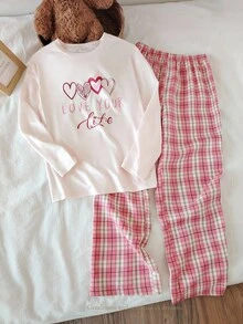 2pcs Girls' Casual Heart Pattern Plaid Print Long Sleeve Top And Pants Loungewear Set Girls Pajama Set Cute Pjs Set Girls Lounge Set Plaid Pajama Set Girls Pajamas Fall Winter - Multicolor - View 7