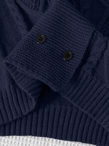 SHEIN 1pc Boys' Retro Style Cardigan, Cable Knit Double-Breasted Classic Striped V-Neck, Regular Sleeve, Neat Hem, Light Gray Classic Knit Sweater, Versatile Casual Jacket, Well-Made, Suitable For Spring And Autumn Fall Winter - Navy Blue - View 6