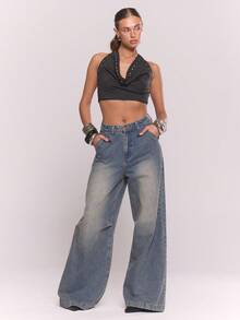 MUSERA 铆钉装饰垂褶前领露背短款上衣，适合各种场合，性感百搭，适合秋季、夜晚外出、冬季、春夏等季节，可爱又适合约会。 - 黑色 - 查看 5