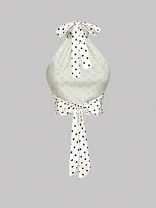 SHEIN MOD 米色和黑色波点缎面系带露背吊带上衣，高领露背设计，复古优雅的宫廷风格，适合约会、派对、Y2K、节日和生日穿着，万圣节服装，度假女装，2000年代风格。 - 杏色 - 查看 2