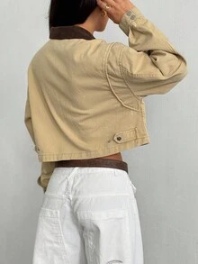 Elenzga Áo khoác denim ngắn cổ màu tương phản thường ngày, mùa thu - Màu Khaki - Xem 3