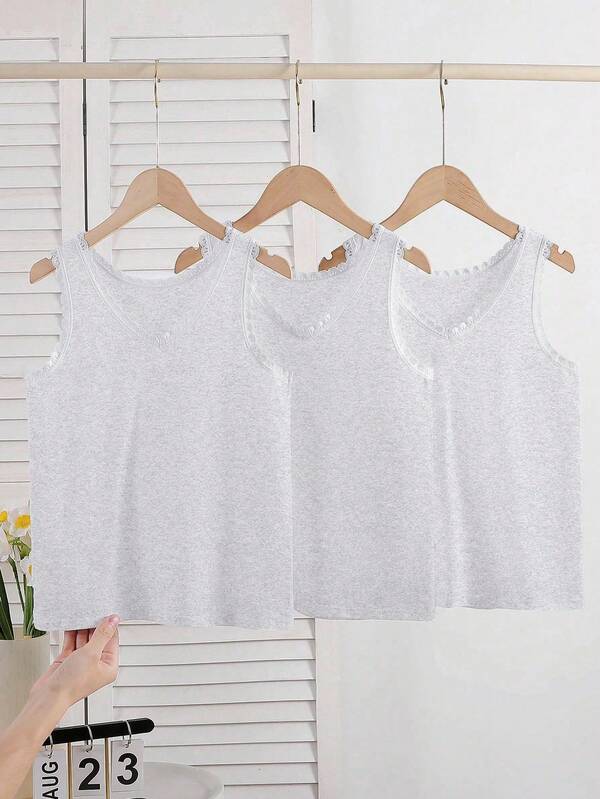 3pcs/Set Teen Girls Lace Trim Elegant Sweet Solid White Cotton Camisole, Soft & Comfortable Fall Winter