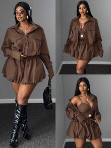 Maweii 2 件大码女士休闲装 - 领夹克和高腰百褶裙套装，适合工作和日常穿着，秋冬季 - 棕色 - 查看 1