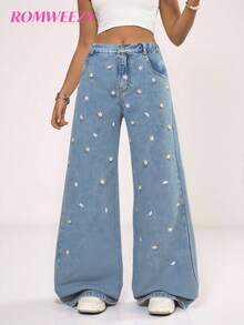 Sparklyn Tween-Mädchen Lässig Distressed Bestickter Gerade Bein Jeans Jeans Gänseblümchen Jeans Distressed Kleine Gänseblümchen Bestickter Weiter Bein Jeans Erdbeere Blumen Jeans Ästhetische Denim Rock Anzüge Brunch