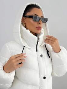 Rafferiza Women's Quilted Padded Coat With Hood And High Neck And Functional Pockets, Warm Winter Outerwear Everyday Travel White Casual - Cream - View 6