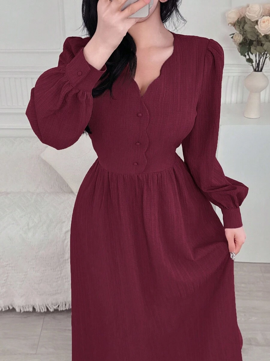 Modelyn Vestido de mujer elegante de unicolor con mangas de farol - Burdeos - Ver 1