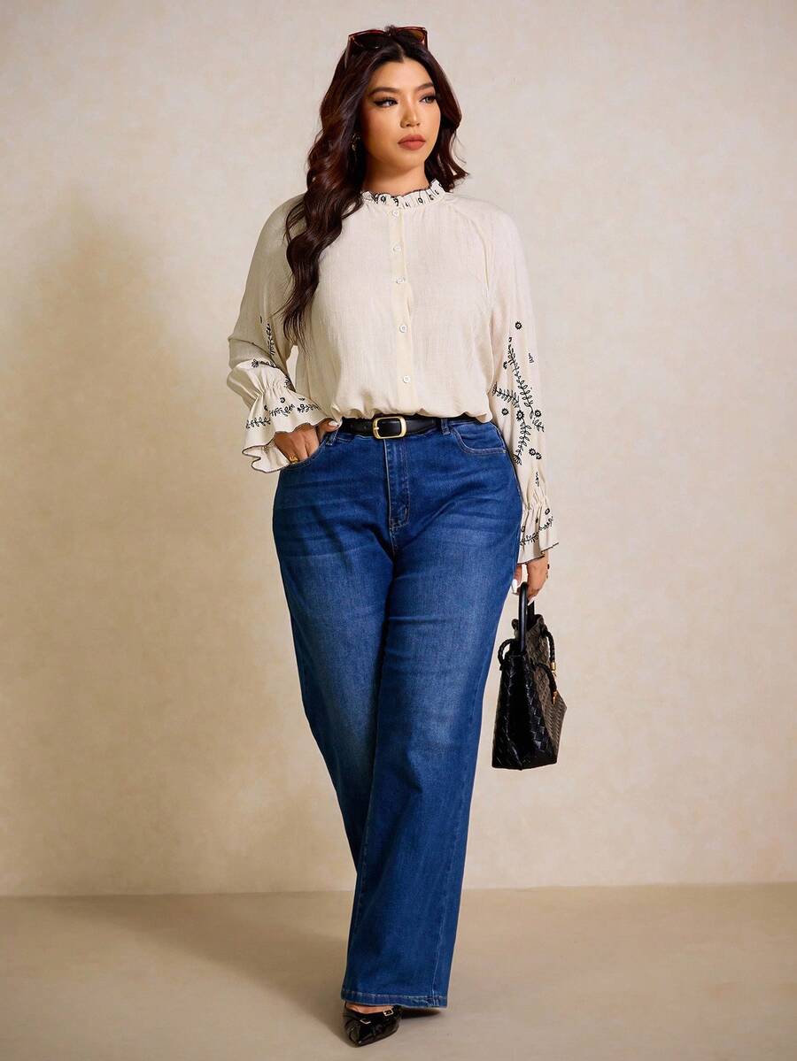 Elaquor Printed Casual Loose Fit Long Sleeve Plus Size Women Shirt - Apricot - View 1