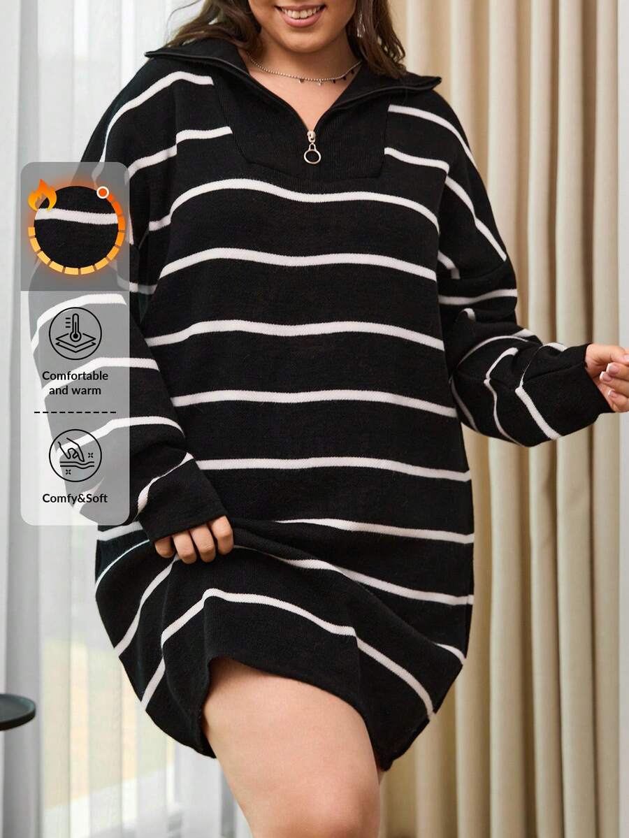 EURMUSE Plus Size Striped Pattern Drop Shoulder Sweater, For Winter - Black and White - View 1