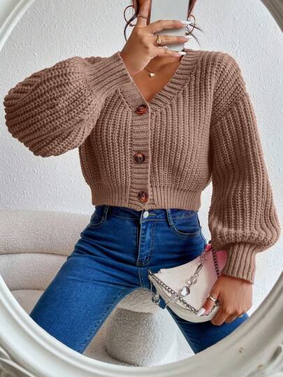 EMERY ROSE Women's Solid Color Drop Shoulder Long Sleeve Casual Knit Cardigan, Autumn/Winter