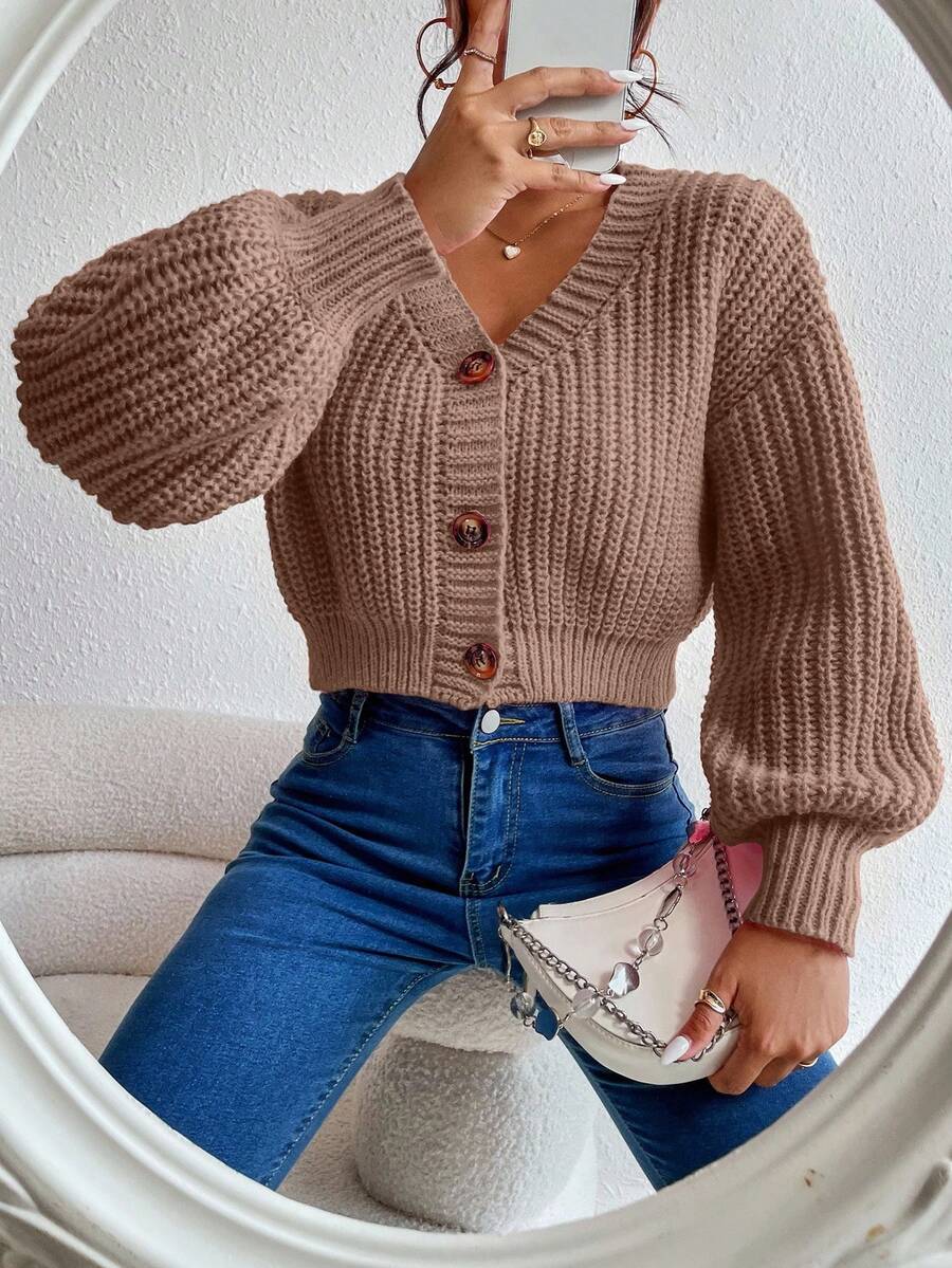 EMERY ROSE Cárdigan de punto casual de manga larga y hombros caídos de unicolor para mujer, otoño/invierno - Champán - Ver 1
