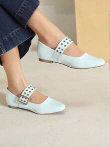 Zapatos de piso de mujer, colores de moda, con hebilla gruesa, ideales para oficina, escuela o eventos formales. Estilo charol. - Blanco - Ver 3