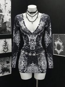 EgrlEra 女式时尚性感全印花长袖紧身迷你连衣裙 - 黑色 - 查看 6