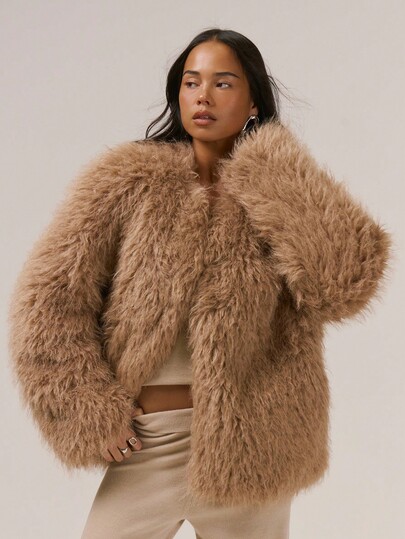 MUSERA Boxy Fit Faux Fur Fluffy Jacket Streetwear Classy Casual Sexy Going Out Fall Autumn Toffee Christmas Winter Evening