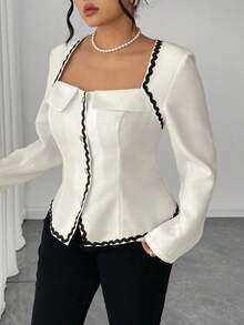 SHEIN Elenzya Áo cánh tay dài cổ thiên nga viền bèo nhún chắp vá cỡ lớn cho nữ, hàng cúc đơn thanh lịch - trắng - Xem 3