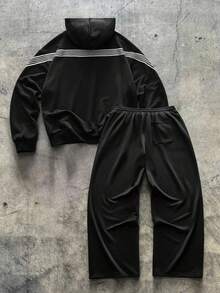 AXEPEAK 男士撞色条纹和字母印花连帽衫和运动裤套装，秋冬装 - 黑色 - 查看 2