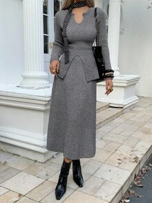 DAZY Bộ 2 món áo len và chân váy xẻ tà cổ chữ V màu trơn thanh lịch dành cho nữ, mùa thu - Xám - Xem 5
