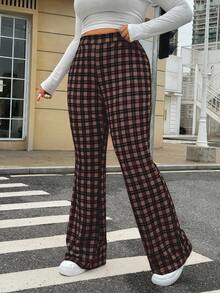 SHEIN EZwear Plus Size Plaid Print Elastic Waist Flare Pants/Winter - Brown - View 3