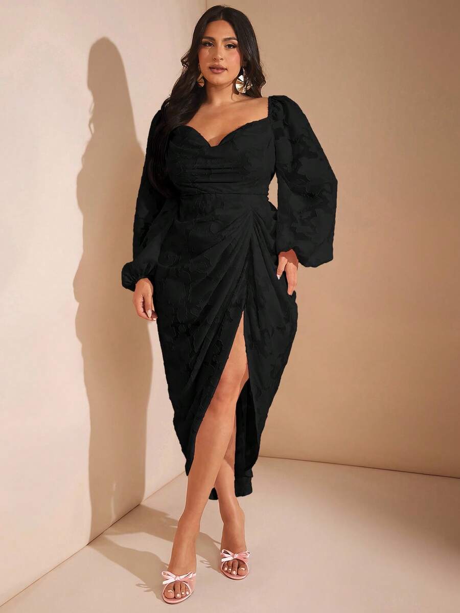 SHEIN BAE 大码女式优雅派对约会性感闪光亮片垂坠领口褶饰不对称下摆开衩长袖连衣裙,粉色连衣裙 - 黑色 - 查看 1