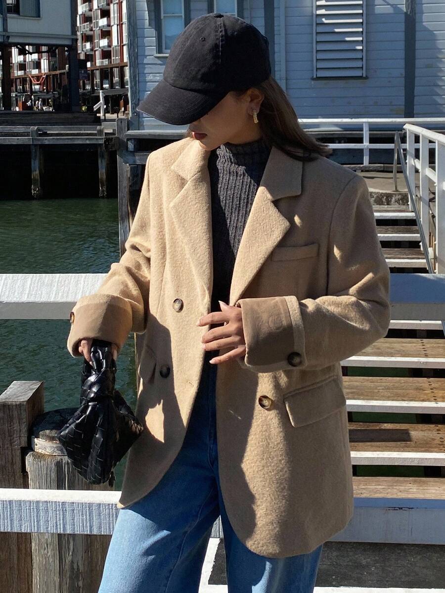 DAZY Women's Elegant Contrast Color Lapel Overcoat, Autumn/Winter Jacket - Coffee Brown - View 1