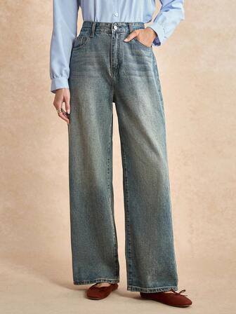 Écloséra 女士休闲水洗做旧阔腿口袋牛仔宽松牛仔裤，秋季