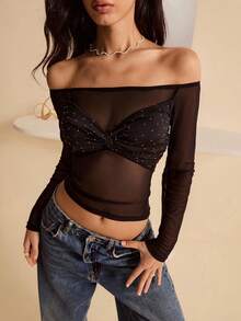 Lyxana Women's 2025 New Fashionable Minimalist Mesh Rhinestone Decor Sexy Long Sleeve Top - Black - View 3