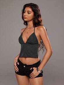 SHEIN PETITE 1 件女式无袖 V 领条纹露背休闲/通勤/复古背心，秋冬 - 黑色 - 查看 1
