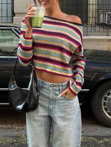 女士条纹斜肩长袖短款休闲时尚T恤 - 彩色 - 查看 3