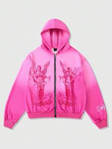 ROMWE MEN Street Life 男士渐变色天使印花连帽卫衣，适合秋冬季 - 粉色 - 查看 1