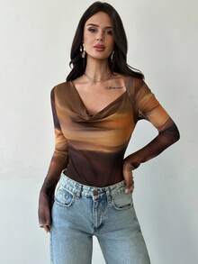 Firerie Women's New Elegant Minimalist Daily Casual Commute Versatile Brown Tie Dye Print Asymmetric Collar Long Sleeve Fitted Bodysuit, Autumn Fashion, Going Out Tops For Women, Airport Outfit For Women - Multicolor - View 8