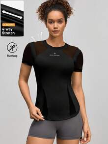 Easithlete Women's Letter Print Mesh Patchwork Short Sleeve Outdoor T-Shirt Fitted Shirt Gym Shirts