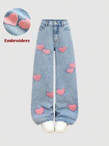 SHEIN 女童粉色爱心刺绣图案蓝色牛仔宽松裤 - 淺色水洗藍 - 查看 2