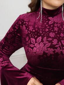 Modelyn Plus Size Women Velvet Embossed Flared Sleeve A-Line Dress, Elegant Party Evening Gown, Autumn/Winter - Red - View 4