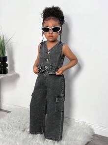 年轻女孩单排扣牛仔背心和工装牛仔裤休闲装 - 黑色 - 查看 5