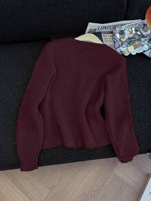 GlowEve Cárdigan de mujer de unicolor de manga larga con un solo botonadura y dobladillo con volantes, para otoño/invierno - Burdeos - Ver 3
