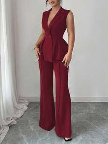 Elenzga 加大码无袖西装外套领口收腰优雅浪漫女士套装 - 酒紅色 - 查看 4