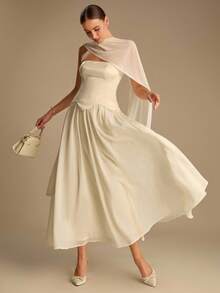 Enchnt 秋冬浪漫杏色抹胸连衣裙，搭配飘逸披肩，时尚优雅，适合派对、约会、假日、毕业典礼、婚礼宾客、办公室、外出、万圣节、圣诞节等场合。这款连衣裙是女士秋季连衣裙、秋季服装、秋季套装、狂欢节、新年等场合的理想之选。 - 杏色 - 查看 4