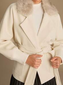 Enchnt Women's Elegant Cream White Fur Collar Woolen Jacket, Autumn Fashion Office Long Sleeves Coat For Date&Daily Commuting&Wedding Guest&Party - Apricot - View 9