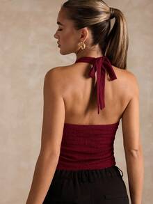 SHEIN BAE 女式简约纯色露背短款修身背心，夏季 - 酒紅色 - 查看 2