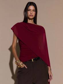 SHEIN BAE Women's Asymmetric Shoulder Ruched Neck Tie Knit Top, Elegant Fitted Sweater, Autumn/Winter,Red Top - Burgundy - View 6