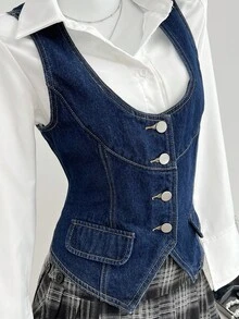 Elamini 女式单排扣仿口袋休闲百搭牛仔背心 - 藍色 - 查看 6