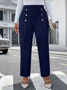 EMERY ROSE Plus Size Double Row Metal Decor Textured Fabric Straight Leg Knit Pants, Elegant For Commuting And Outings - Navy Blue - View 4