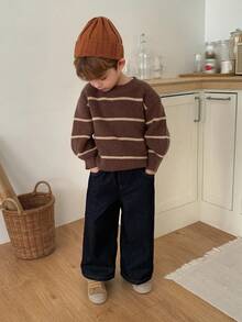 Hapijoa Young Boy Striped Round Neck Drop Shoulder Long Sleeve Casual Loose Sweater, Autumn/Winter - Brown - View 6