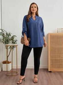 EMERY ROSE Plus Size Women V-Neck Rolled Sleeve Casual Pocket Denim Blouse Blue Shirt Women Oversized Oversized Shirts For Women Musera Plus Size Blue Denim Shirt Women Autumn Plus Size Plus Size Denim Shirt