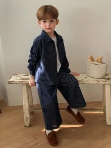 DAZY Young Boy Casual Striped Shirt And Pants Set - Navy Blue - View 1