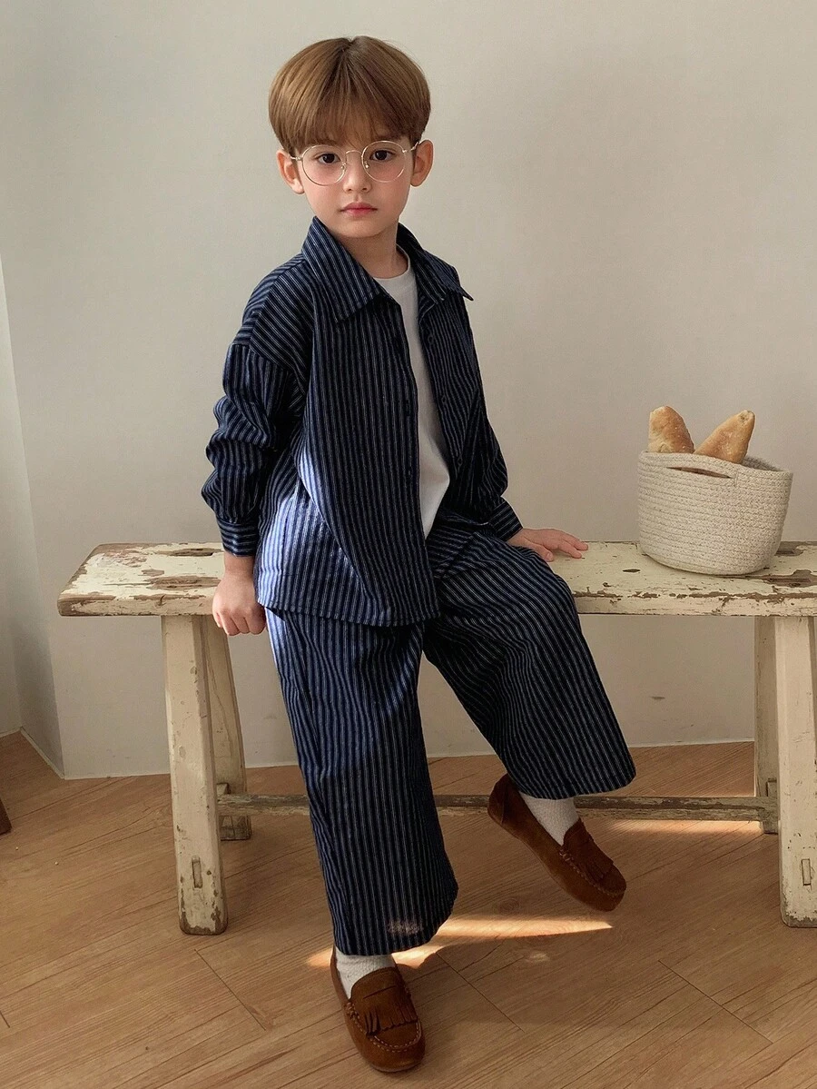 DAZY Young Boy Casual Striped Shirt And Pants Set - Navy Blue - View 1