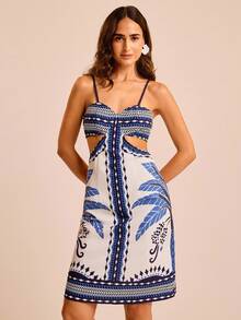 CAJUNI Women's Vacation Palm Tree Print Cutout Waist Sexy Spaghetti Strap Dress - Multicolor - View 5