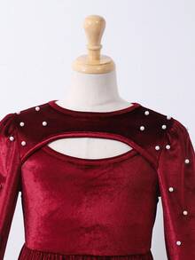 Glamorique Kids Mädchen Vintage elegantes Samt-Perlen-Dekor Ausschnitt rundhals Puffärmel Taille hoch A-Linie Midi-Kleid